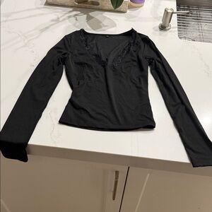 SHEIN Elegant Black Lace Trim Long Sleeve Top